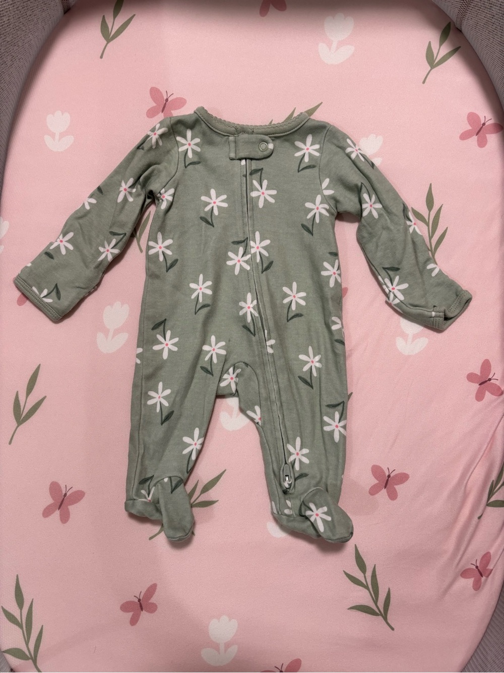 Carter's Sage Green Footed One-Piece with White Daisy Print